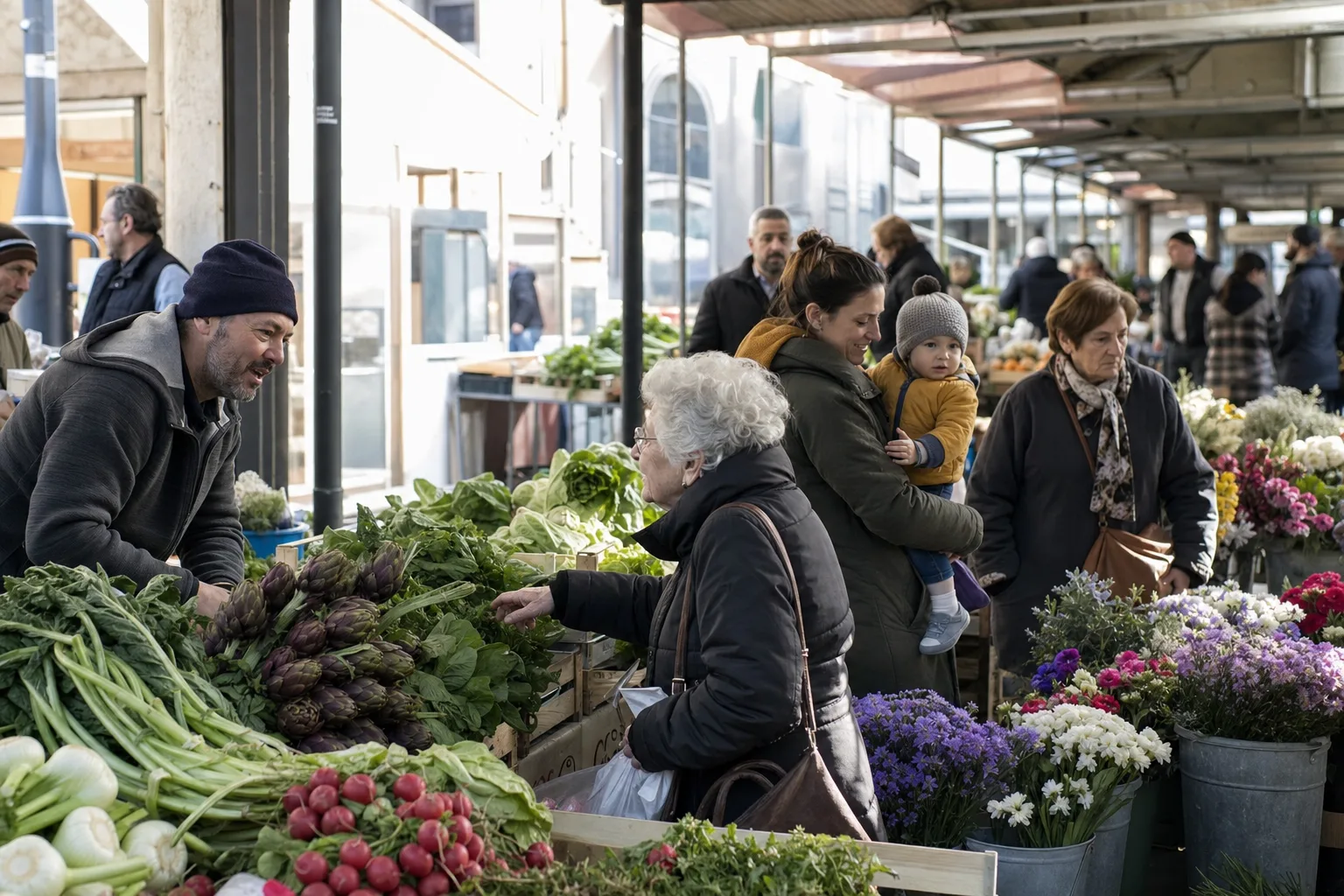 Persone tra i banchi di un mercato cittadino