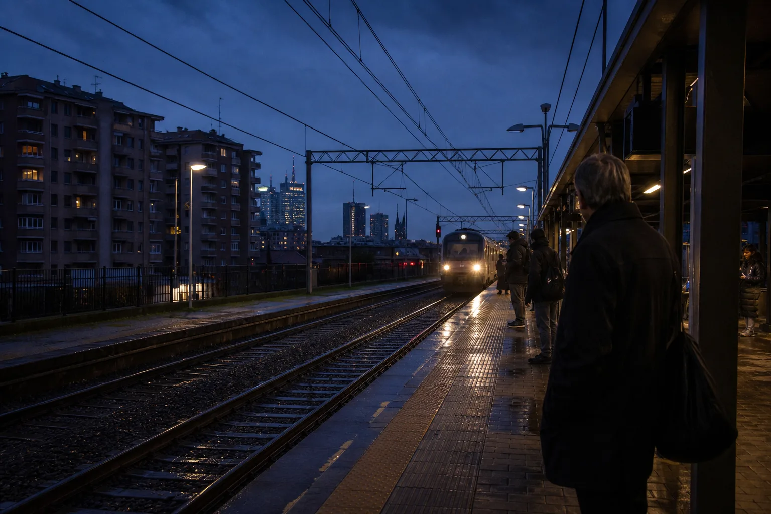 Passeggeri attendono un treno nella periferia di Milano