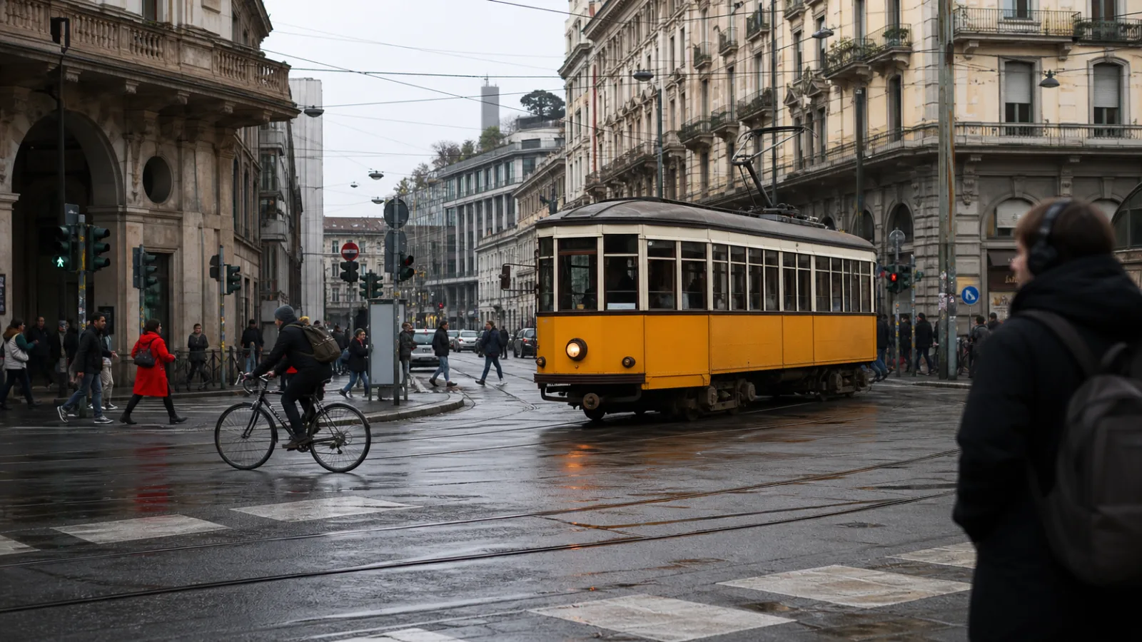 Tram e persone in un incrocio di Milano dopo la pioggia